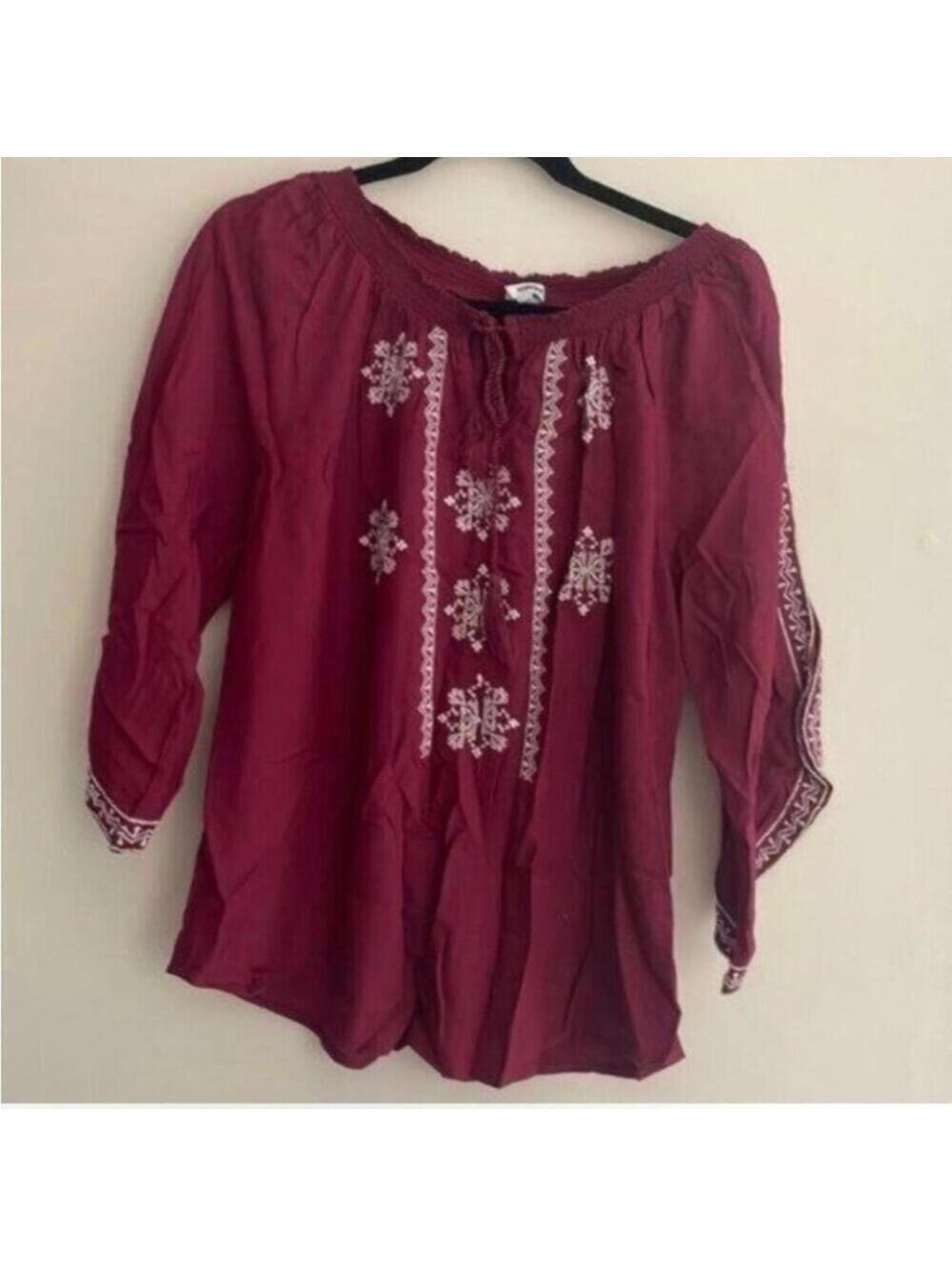 Sonoma Maroon Red Embroidered Exposed Sleeve Peasant Blouse Shirt Top Boho